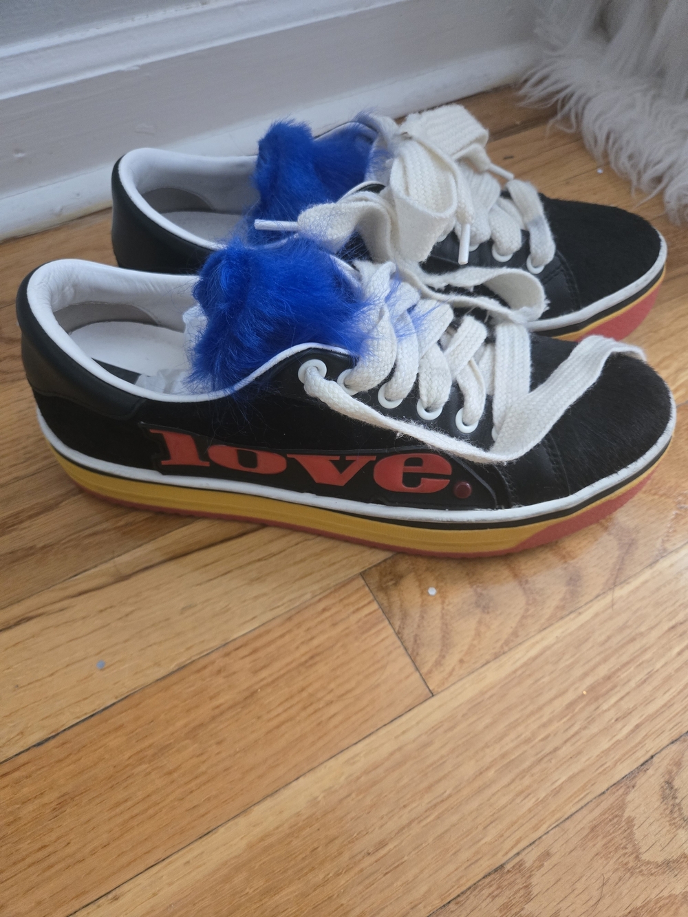 Marc Jacobs Black 'Love' Sneakers with Blue Fur Accent - Picture 2 of 6